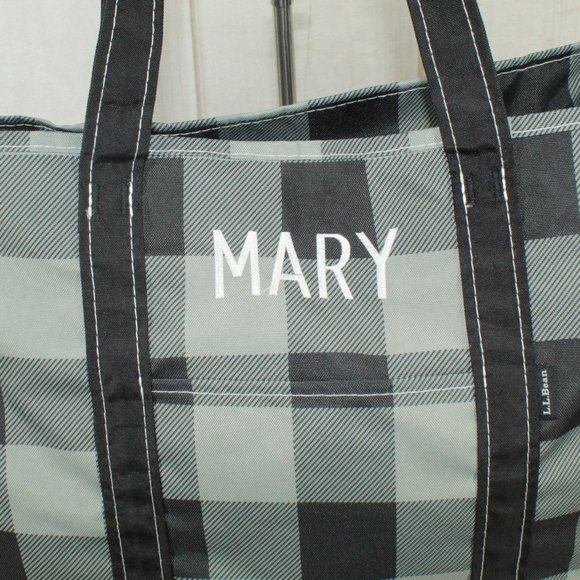 LL Bean Boat & Tote Plaid Gray Polyester Zip-Top Embroidery "Mary" Tote Bag - Picture 3 of 11